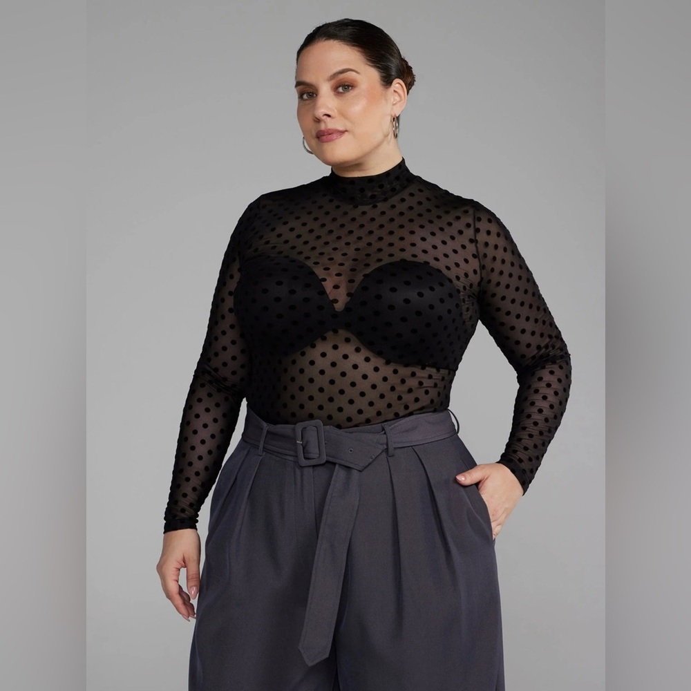Blouse - Mockneck Polka Dot Mesh Long Sleeve Top, Black, 3X. NWT